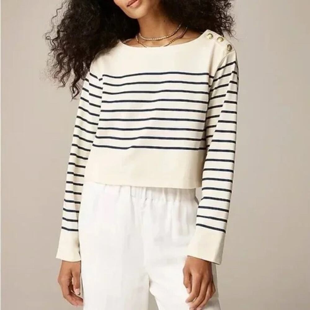 J.Crew Nautical Striped Boatneck Top M - Ivory Navy Button Shoulder Crop